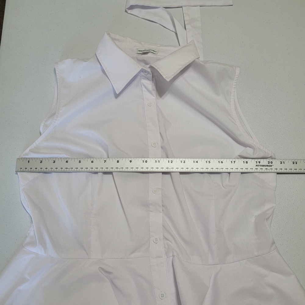 New York & Co Sleeveless Blouse XL White Bow Tie Neck Tiered Ruffle Peplum Hem - Picture 5 of 8